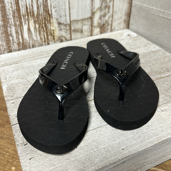 Coach abbigail black signature c logo turn lock slip on slides sandals flip flop - Picture 4 of 6